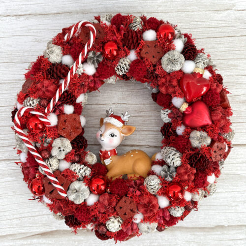 Karácsonyi ajtódísz - Piros őzike